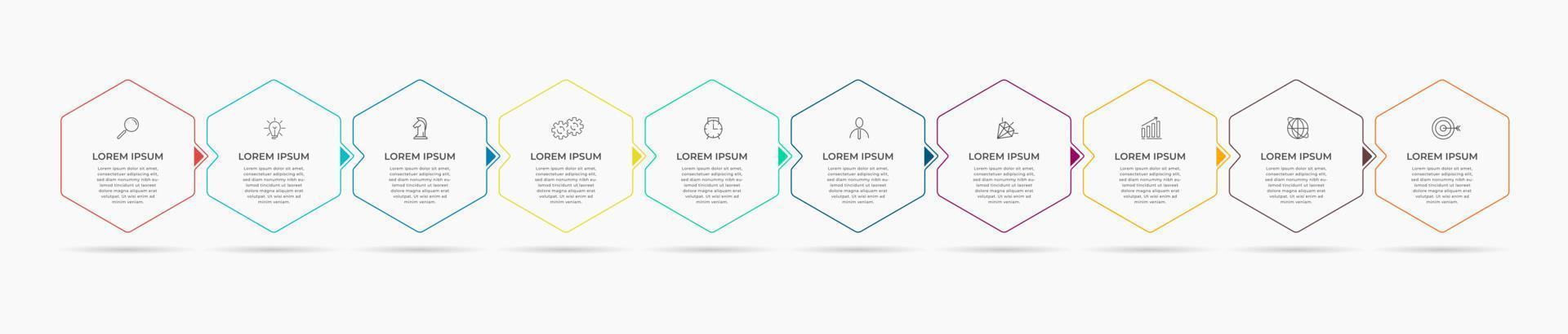 Business-Infografik-Design-Vorlagenvektor mit Symbolen und 10 Optionen oder Schritten. kann für Prozessdiagramme, Präsentationen, Workflow-Layouts, Banner, Flussdiagramme und Infografiken verwendet werden vektor