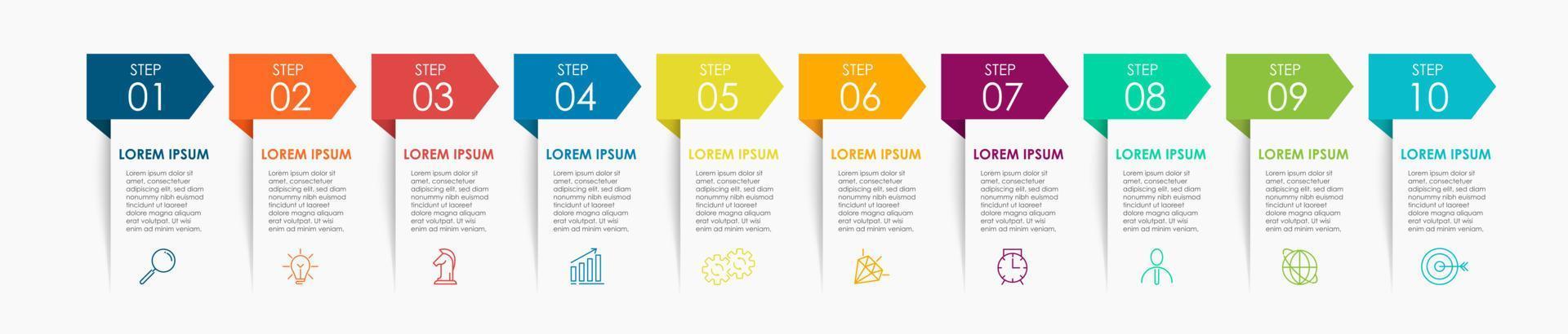 Business-Infografik-Design-Vorlagenvektor mit Symbolen und 10 Optionen oder Schritten. kann für Prozessdiagramme, Präsentationen, Workflow-Layouts, Banner, Flussdiagramme und Infografiken verwendet werden vektor