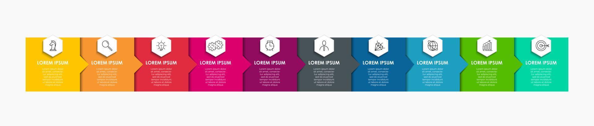 Business-Infografik-Design-Vorlagenvektor mit Symbolen und 10 Optionen oder Schritten. kann für Prozessdiagramme, Präsentationen, Workflow-Layouts, Banner, Flussdiagramme und Infografiken verwendet werden vektor