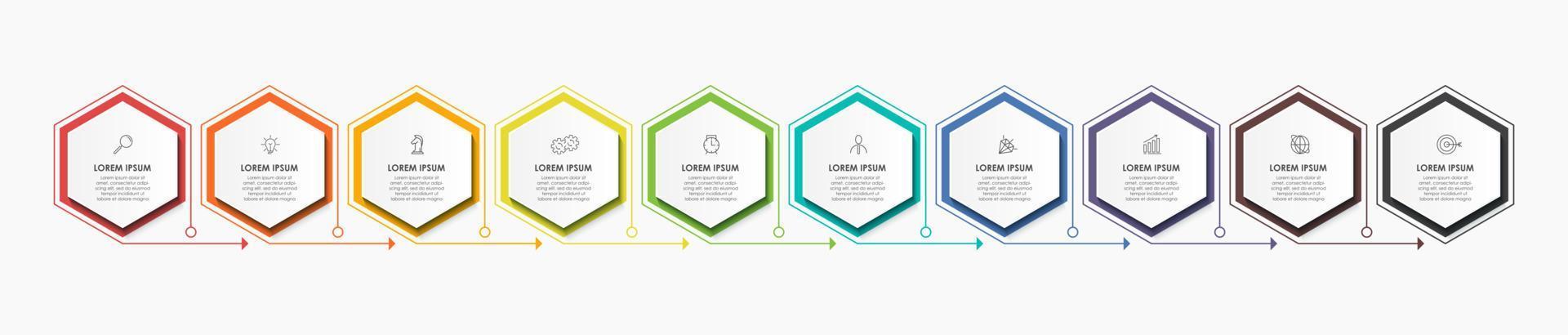 Business-Infografik-Design-Vorlagenvektor mit Symbolen und 10 Optionen oder Schritten. kann für Prozessdiagramme, Präsentationen, Workflow-Layouts, Banner, Flussdiagramme und Infografiken verwendet werden vektor