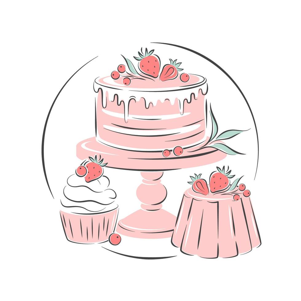 kaka, muffin och bär. kaka affär logotyp. vektor illustration på vit bakgrund för meny, recept bok, bakning affär.
