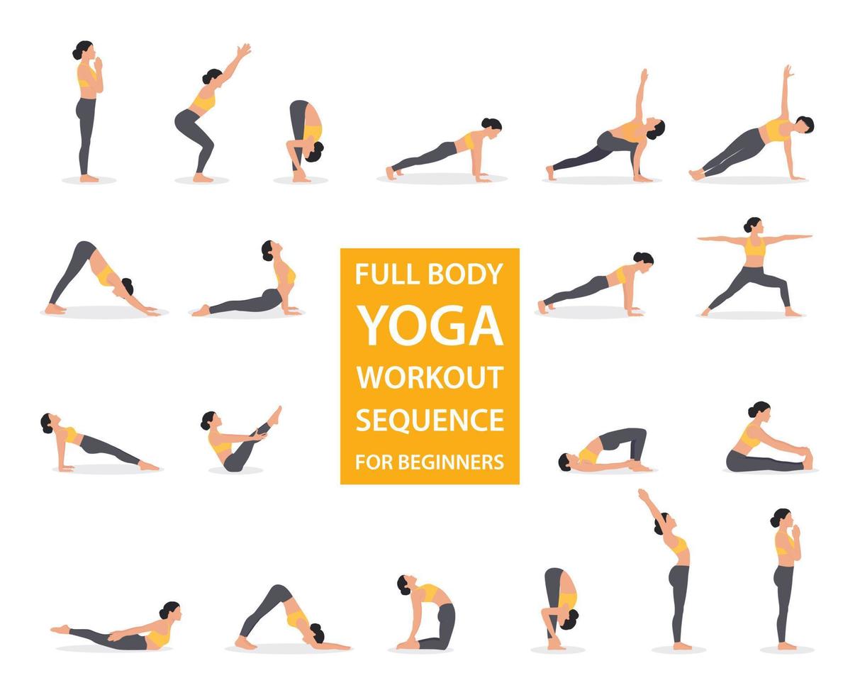 kvinna yoga full kropp träna isolerat på de vit bakgrund. yoga sekvens för nybörjare. kondition, aerob, och pilates uppsättning. vektor illustration.