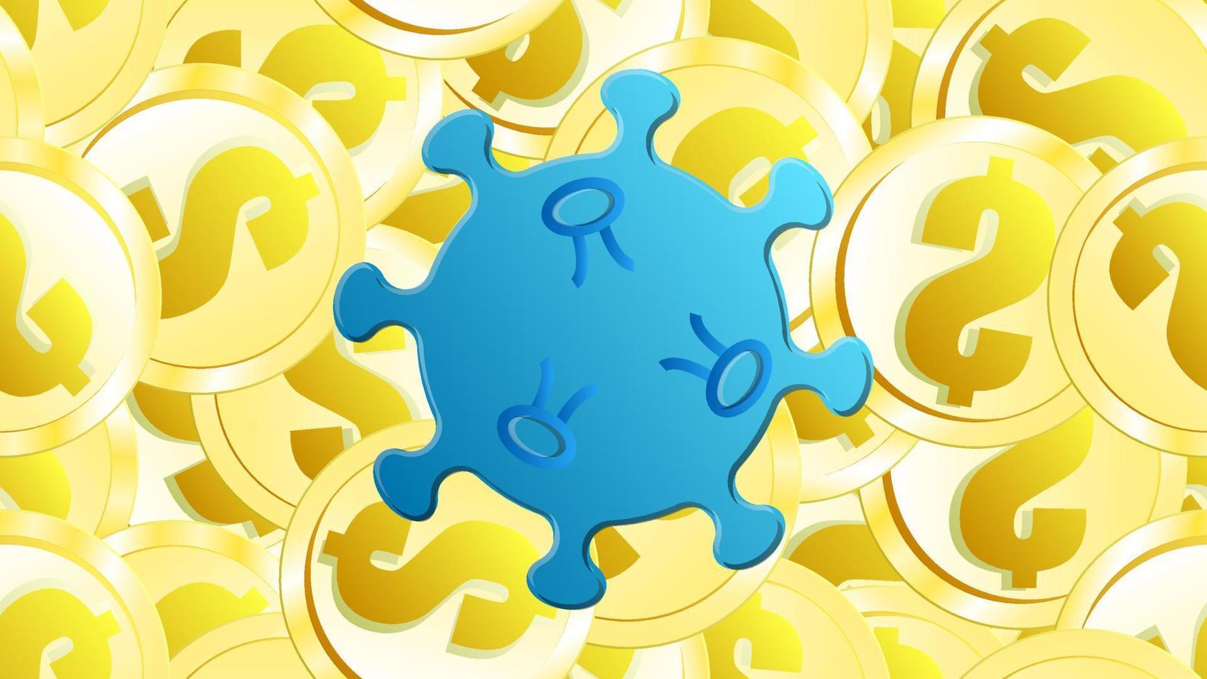 blå virus farlig dödligt epidemi pandemi av de mikrob coronavirus covid-19 mot en bakgrund av guld dollar mynt. vektor illustration
