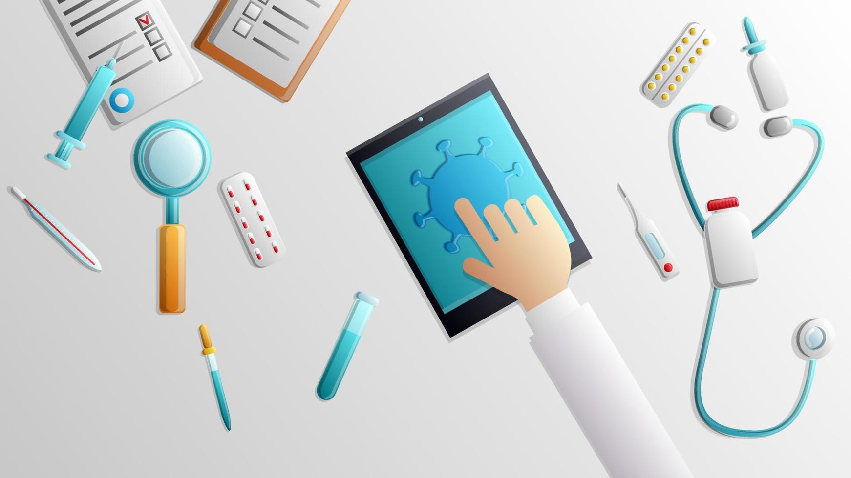 en medicinsk läkare trycker på en digital läsplatta med en hand på en digital pekplatta med de pandemi virus coronovirus covid-19 i de laboratorium eller doktorer kontor. vektor illustration