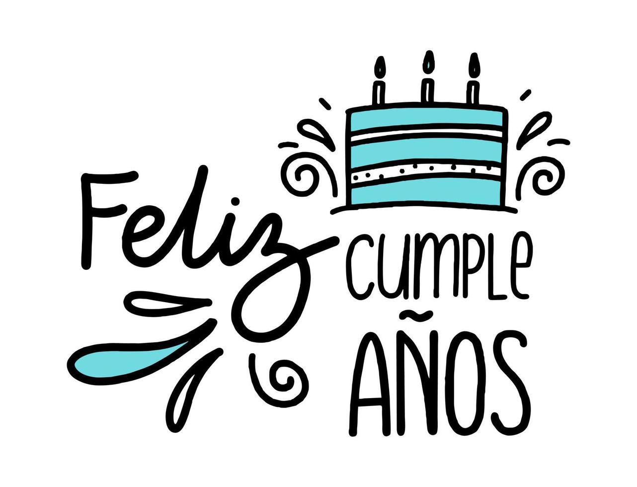 Lycklig födelsedag i Spanien. text i spanska med kaka och lockar. vektor illustration