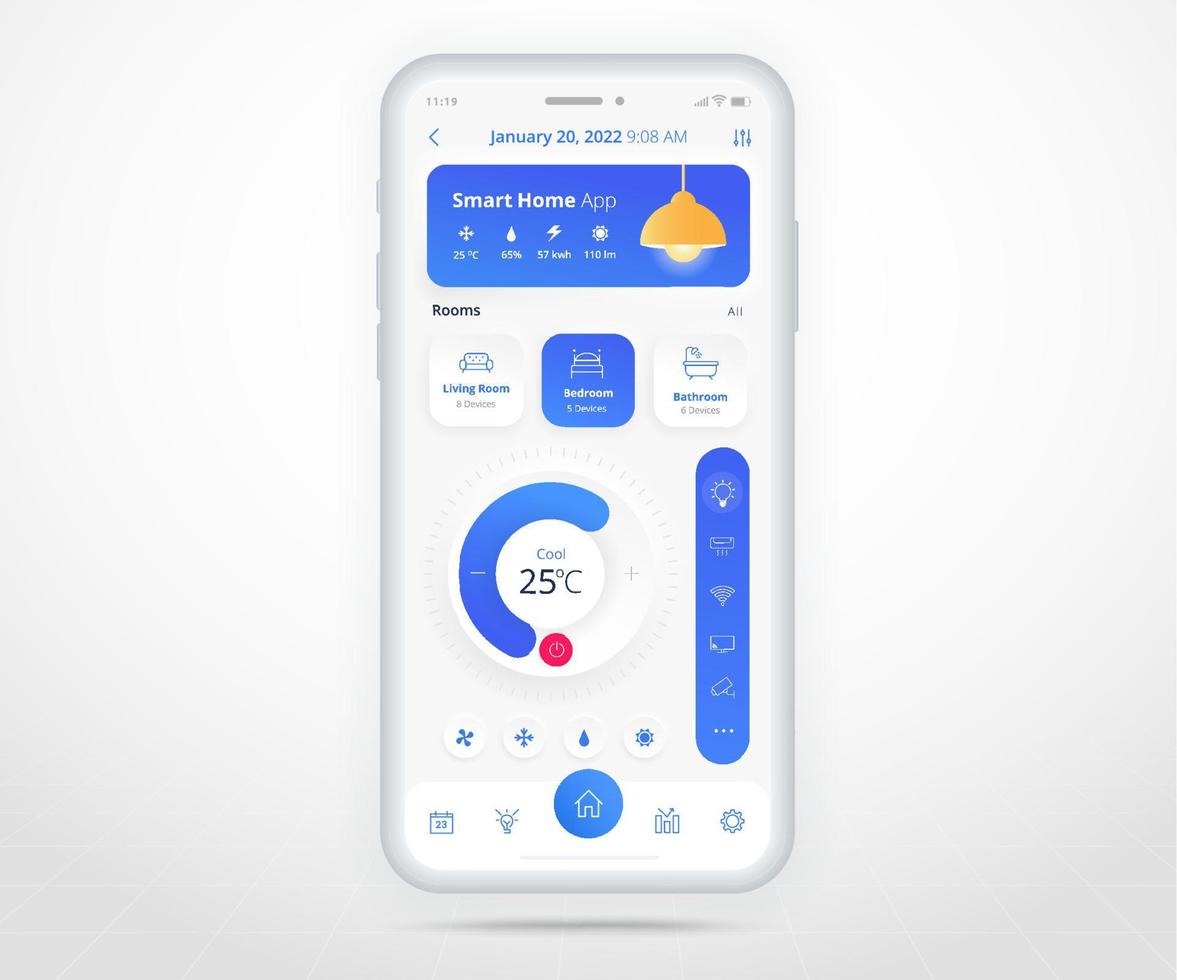 smartphone smart Hem luft balsam kontrollerade app ux ui, iot internet av saker teknologi, digital framtida Hem automatisering teknik, smart enheter Ansökan telefon, wiFi belysning, vektor illustration