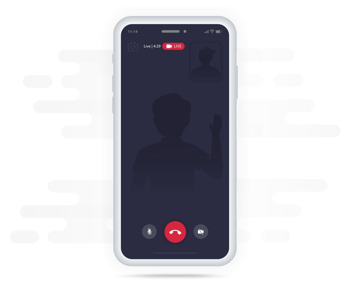 Videoanruf Videokonferenz-UI-Anwendungsdesign-Konzeptmodell, Chat-Messenger-Schnittstellenbildschirmvorlage, Live-Chat-Boxen für Mobiltelefone, Smartphone-Online-App, virtuelle Anrufvektorillustration, UX-UI vektor