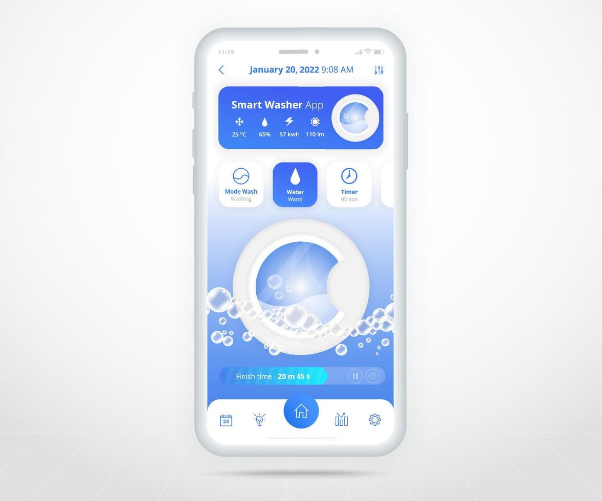 Waschmaschinen-App, Smart Home Wash Controlled App UX UI, IOT Internet of Things Technology, Digital Future Home Automation Tech, Smart Devices Application Phone, Washer Laundry, Vector Illustration