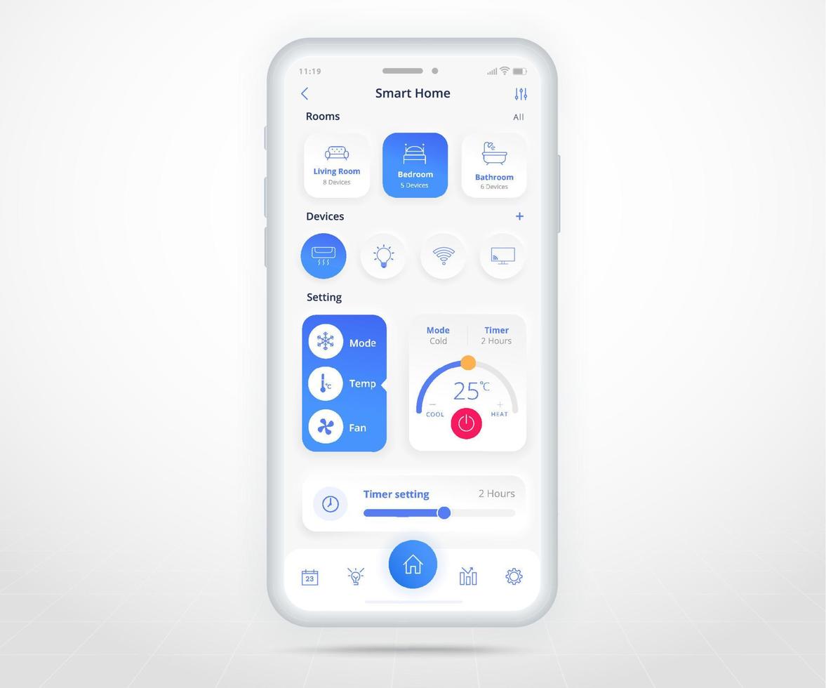 smartphone smart Hem luft balsam kontrollerade app ux ui, iot internet av saker teknologi, digital framtida Hem automatisering teknik, smart enheter Ansökan telefon, wiFi belysning, vektor illustration