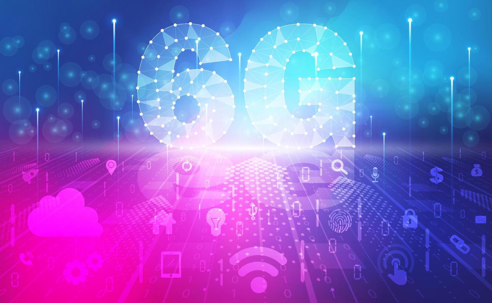 6g nätverk trådlös internet Wi-Fi förbindelse abstrakt bakgrund begrepp, digital teknologi baner rosa blå bakgrund binär koda, abstrakt tech stor data kommunikation, hög hastighet bredband vektor