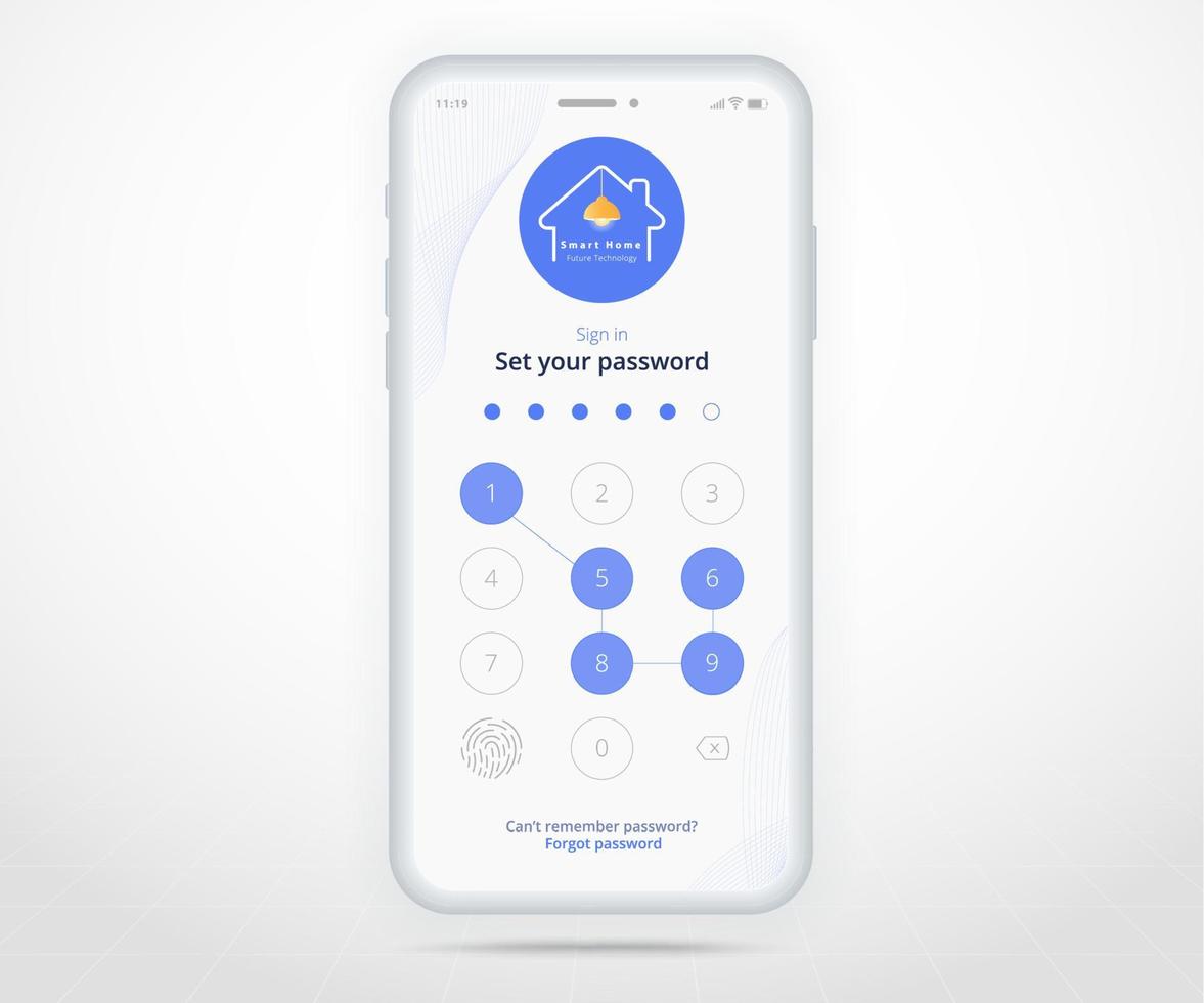 smartphone smart Hem logga in Lösenord kontrollerade app ux ui, iot internet av saker teknologi, digital framtida Hem automatisering teknik, smart enheter Ansökan telefon, wiFi tecken i, vektor illustration