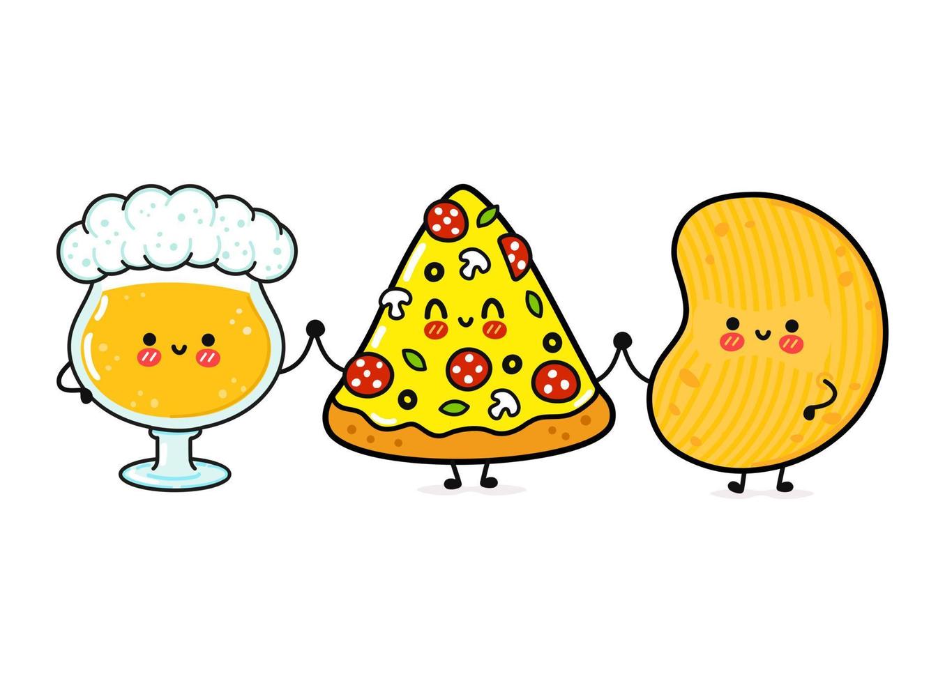 söta, roliga glada glas öl, pizza och chips. vektor handritad serie kawaii tecken, illustration ikon. rolig tecknad glas öl, pizza och chips maskot vänner koncept