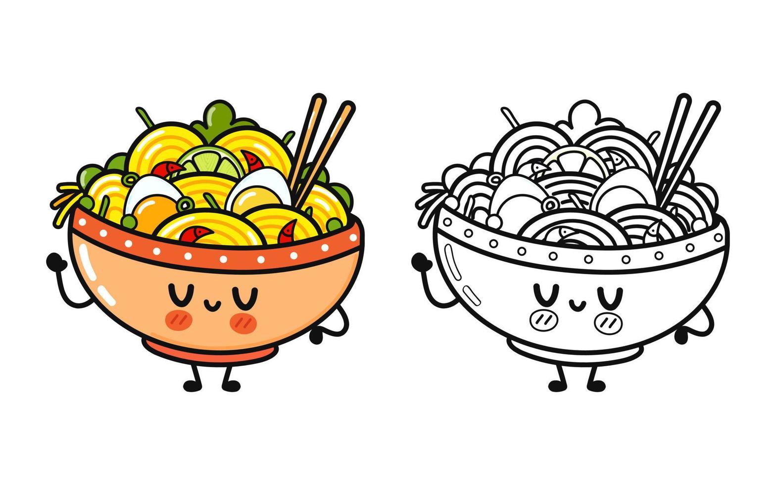 lustige niedliche glückliche Ramen-Schüssel-Zeichen-Bundle-Set. vektor hand gezeichnete karikatur kawaii charakter illustration symbol. süße Ramenschale. Umrisskarikaturillustration für Malbuch