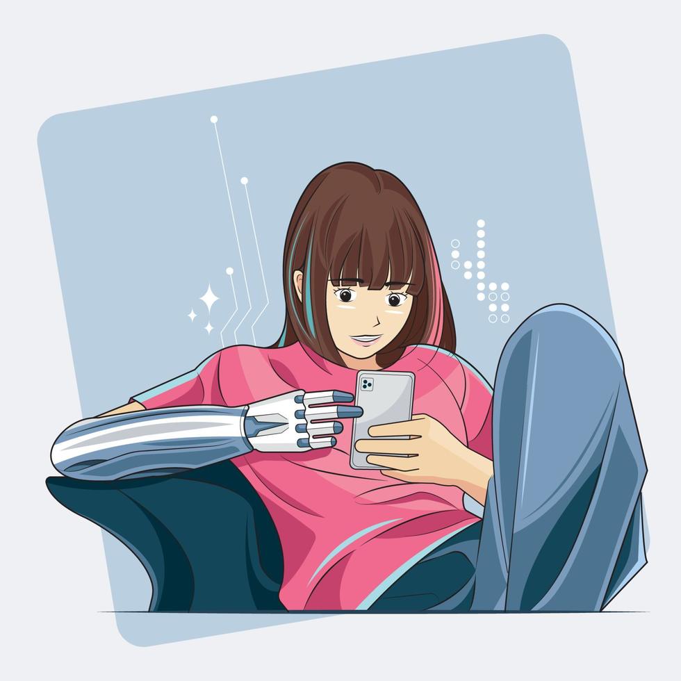 hochmodernes Konzept. Selbstbewusstes junges Mädchen mit einer bionischen Armprothese sitzt mit einem Telefon auf dem Sofa und kommuniziert online mit Freunden, Vektorgrafik kostenloser Download vektor