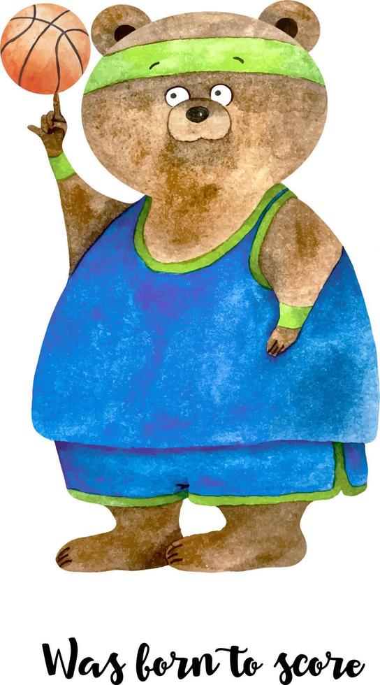 Aquarellposter mit braunem Teddybär-Basketballspieler in blauer Form. Cartoon-Sportbär mit Ball. wurde geboren, um Noten zu drucken vektor