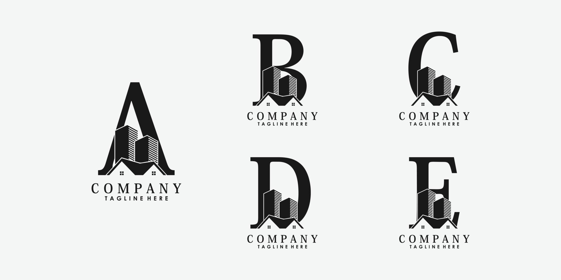 uppsättning av brev font abcde logotyp design vektor med verklig egendom och byggnad ikon