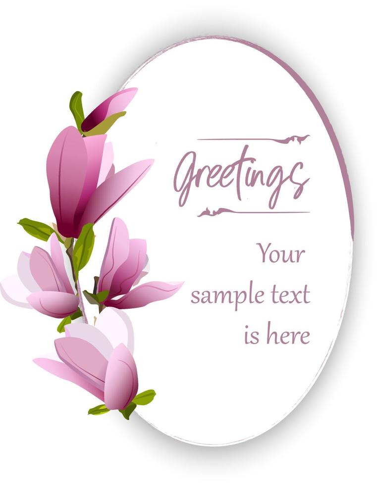 Ovale Einladungsvorlage mit lila blühender Magnolie, isoliert auf weißem Hintergrund vektor
