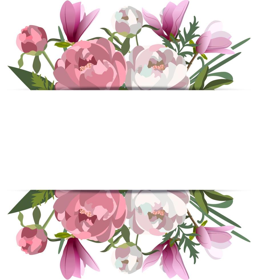 rosa bröllop horisontell botanisk vektor design baner. magnolior, pion blommor med löv och stjälkar.