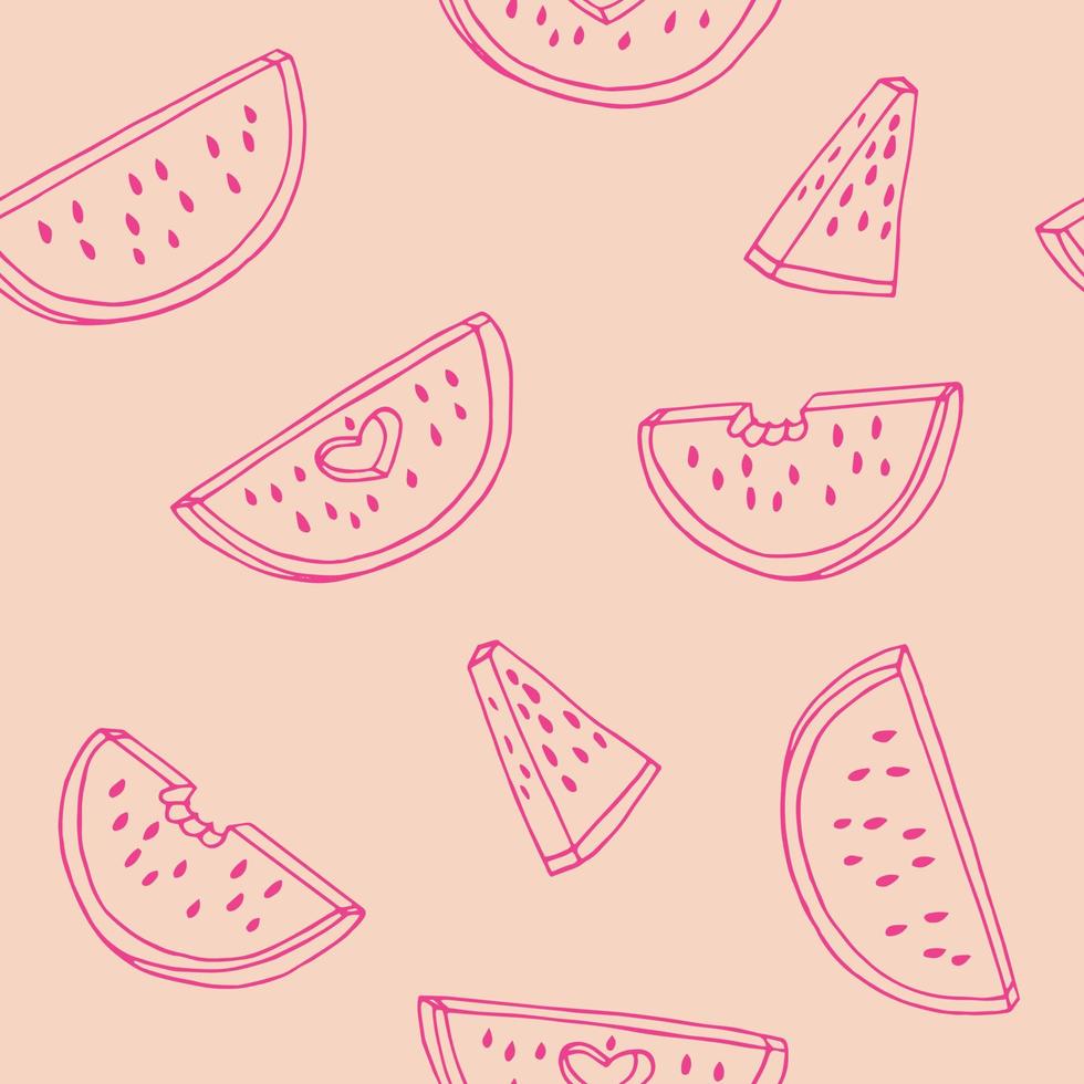 vattenmelon sömlös mönster. hand dragen vektor illustration i klotter stil. minimalism. tapet, textil, omslag papper, bakgrund. saftig färsk frukt sommar mat