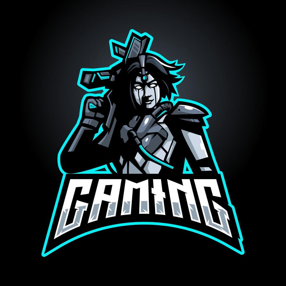 Gaming-Charakter Esport-Maskottchen-Logo-Design-Illustrationsvektor. Heldenfrauen mit Waffe vektor