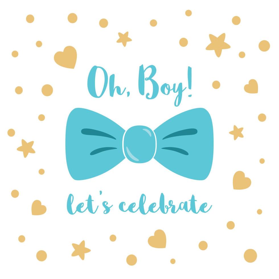 åh pojke söt bebis dusch inbjudan element med blå rosett slips fjäril. födelsedag inbjudan. vektor illustration med liten gul stjärnor, hjärtan, polka punkt. söt bebis pojke design för kort, banderoller.