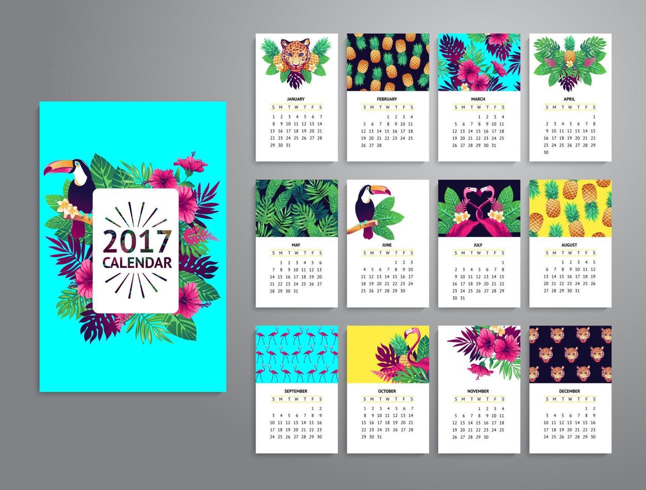 tropisk tryckbar kalender 2017. vektor