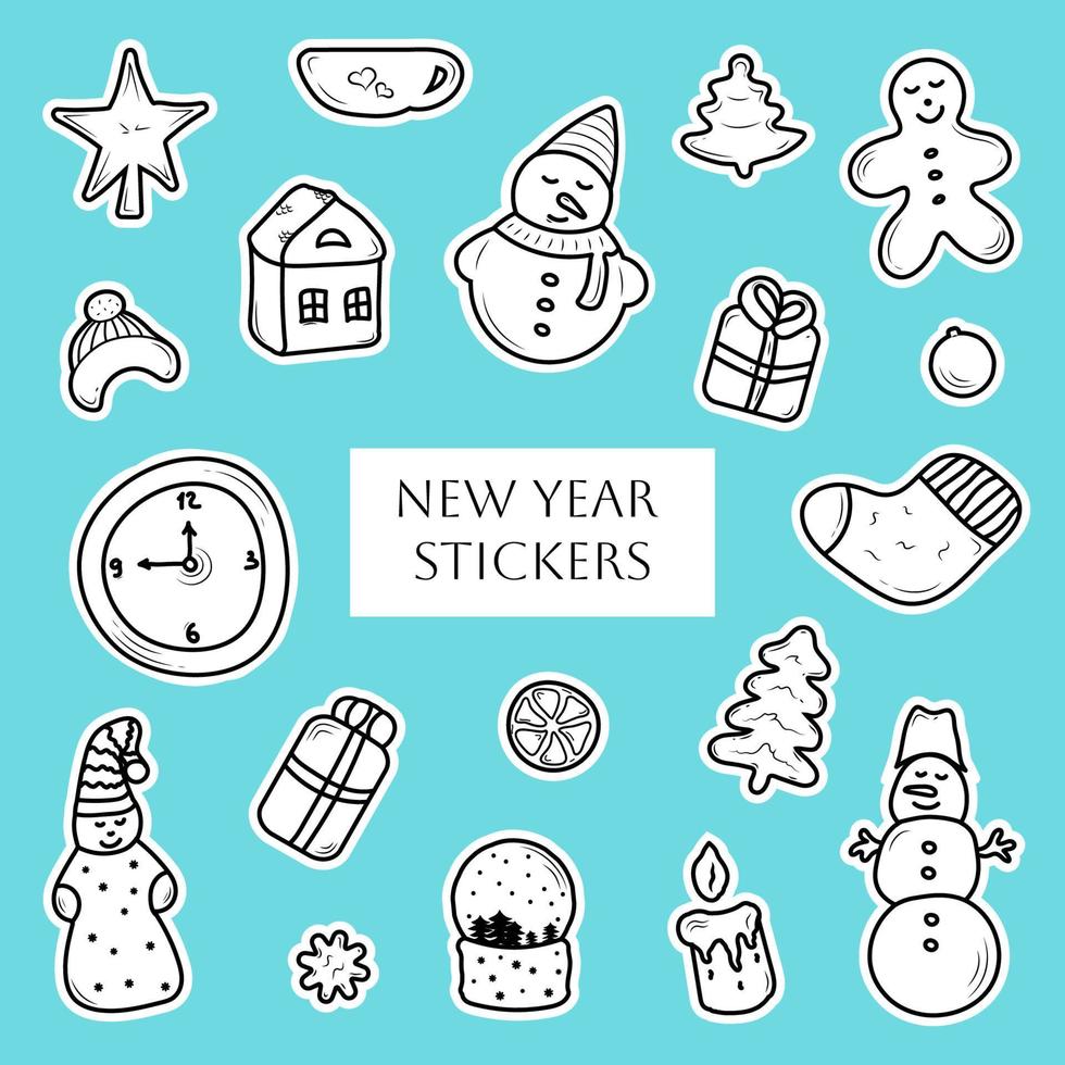 doodle niedliche weihnachts- und neujahrsaufkleber. satz von handgezeichneten winterelementen vektor