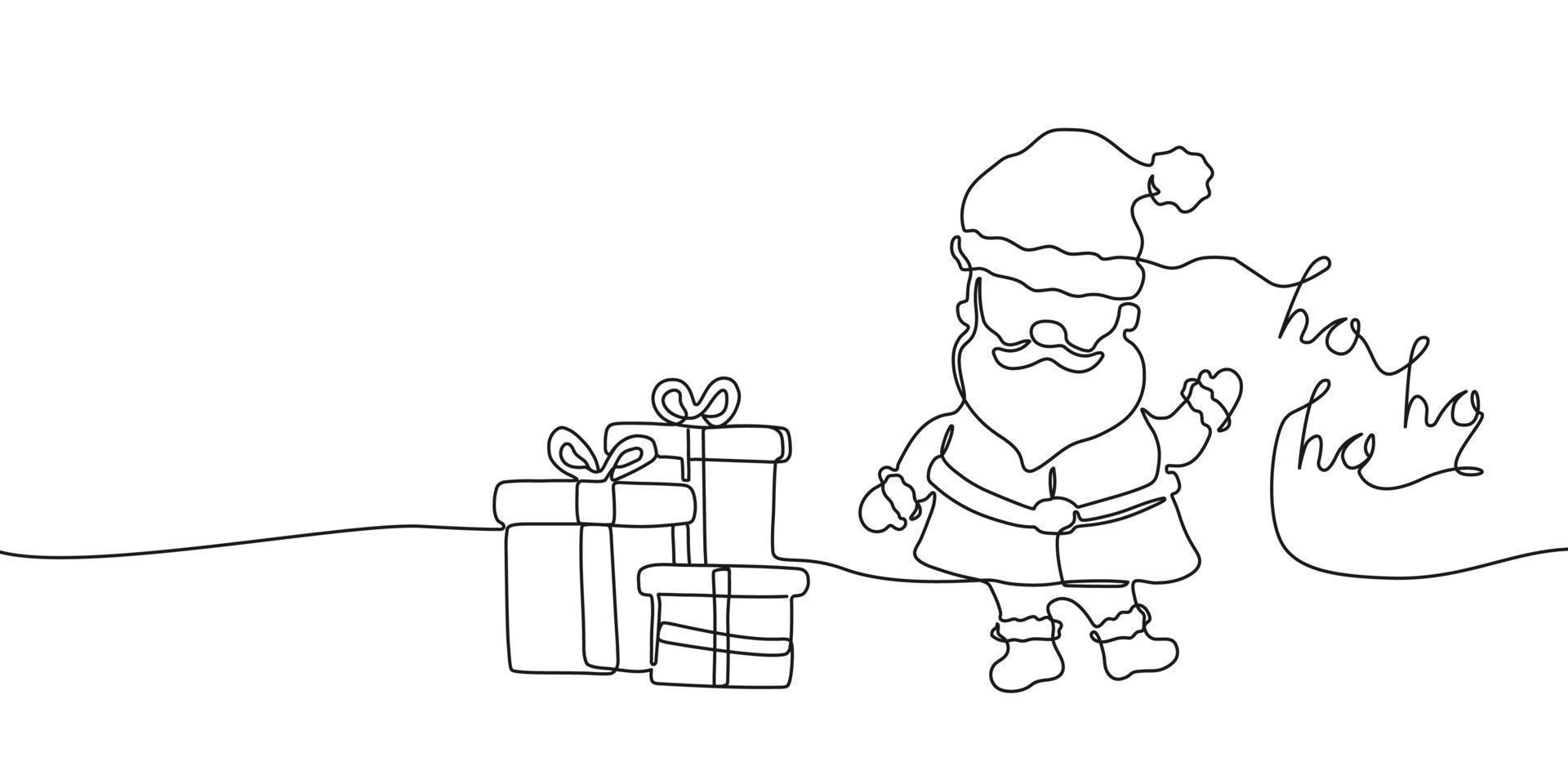 kontinuerlig ett linje teckning av gåva lådor, santa claus och ho ho ho. festlig begrepp i linje konst stil isolerat på vit bakgrund. vektor illustration