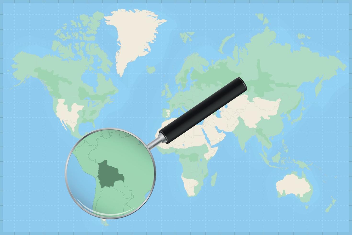 Weltkarte mit einer Lupe auf einer Karte von Bolivien. vektor