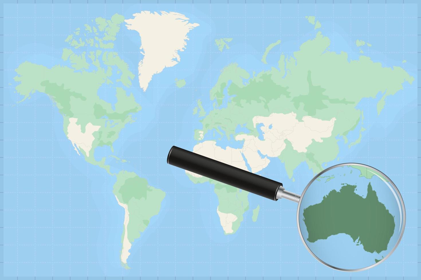 Karta av de värld med en förstorande glas på en Karta av Australien. vektor