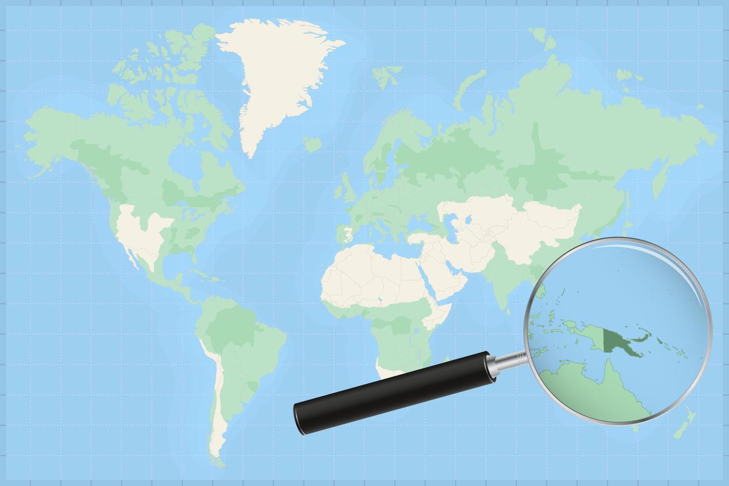 Weltkarte mit einer Lupe auf einer Karte von Papua-Neuguinea. vektor