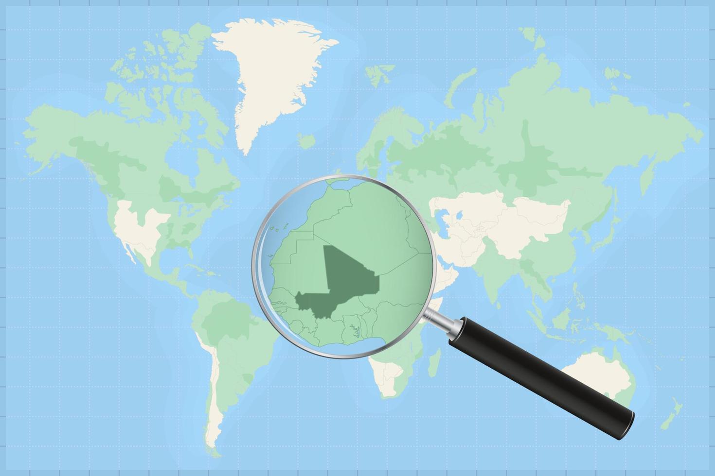 Weltkarte mit einer Lupe auf einer Karte von Mali. vektor