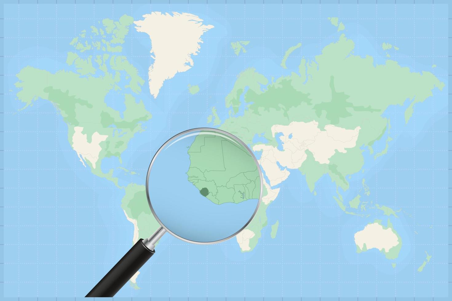 Weltkarte mit einer Lupe auf einer Karte von Sierra Leone. vektor