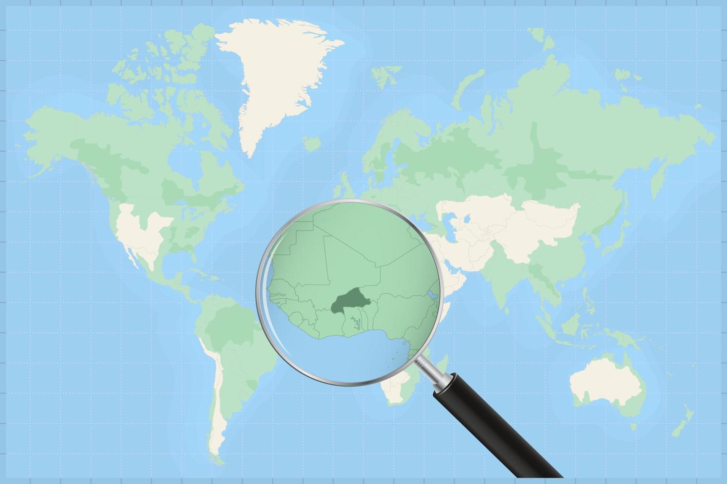 Karta av de värld med en förstorande glas på en Karta av Burkina faso. vektor