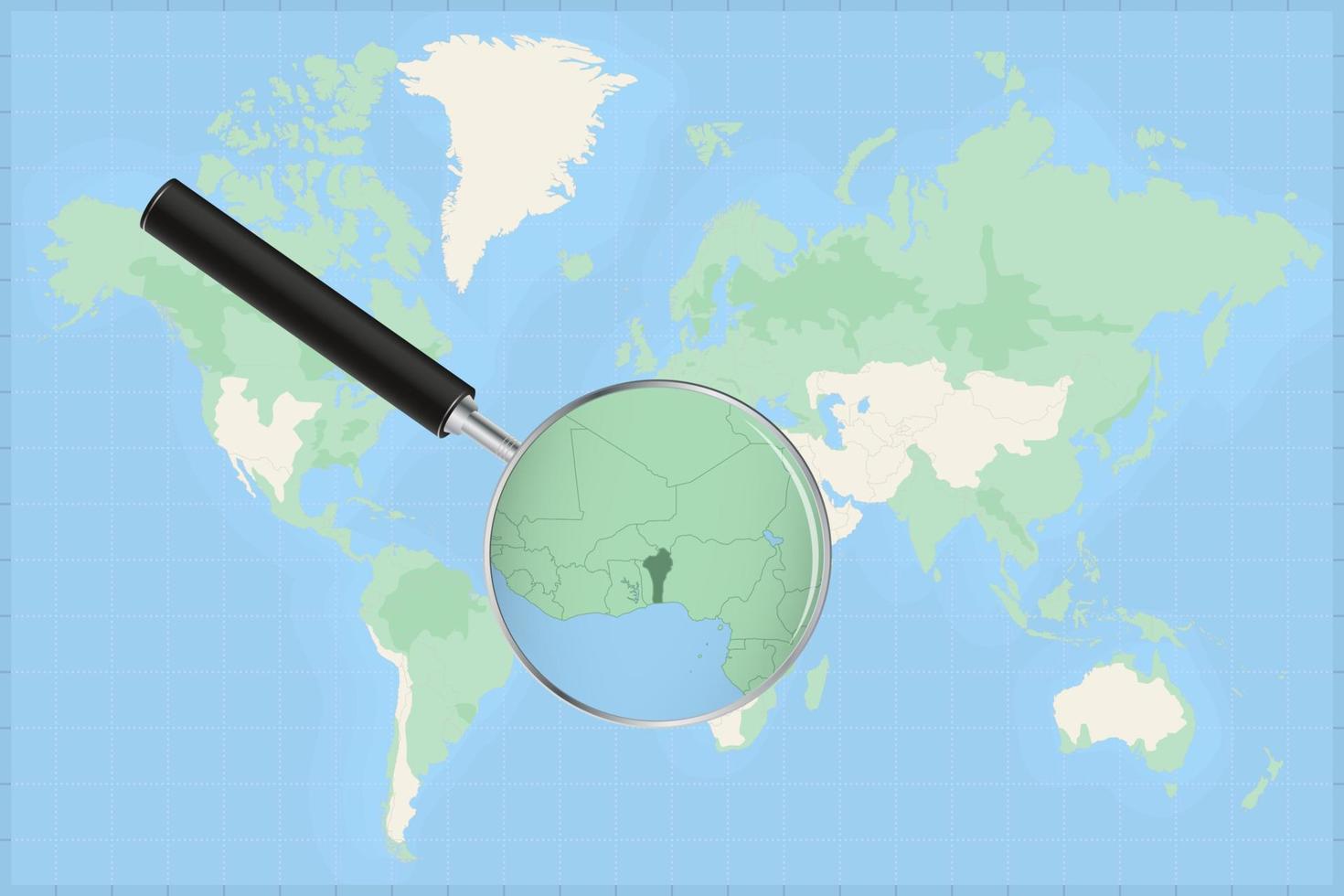 Karta av de värld med en förstorande glas på en Karta av benin. vektor
