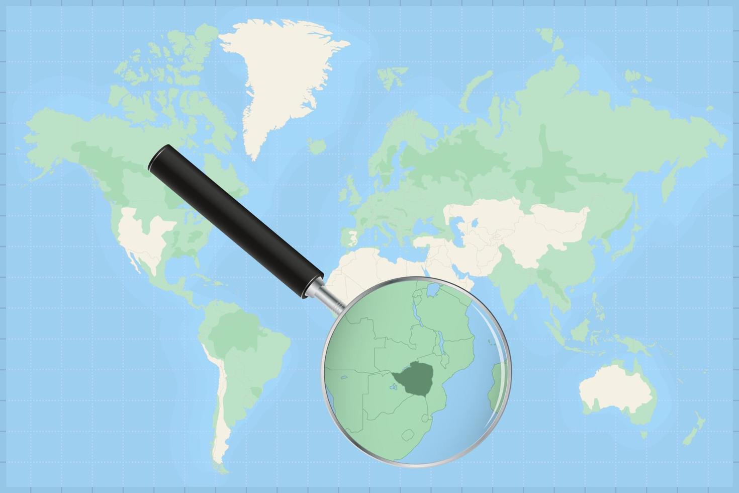 Weltkarte mit einer Lupe auf einer Karte von Simbabwe. vektor