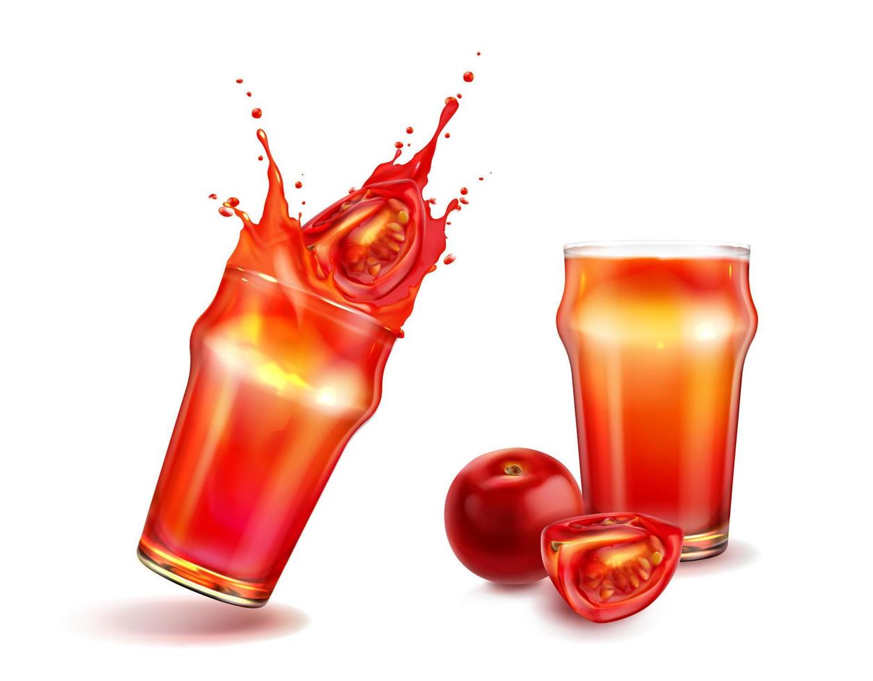 geschnittene tomaten, glas mit tomatensaftspritzer vektor