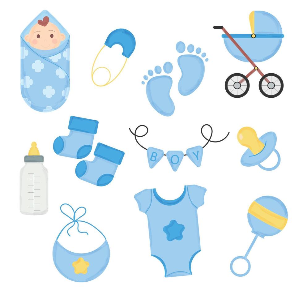 uppsättning av element för en bebis dusch i vattenfärg stil för en pojke. vektor illustration