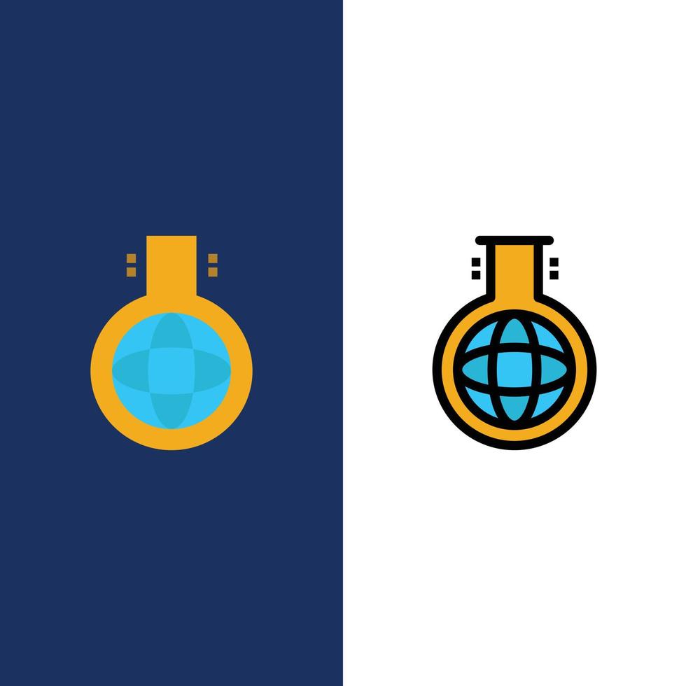 chemische flasche chemie experiment symbole flach und linie gefüllt icon set vektor blauen hintergrund