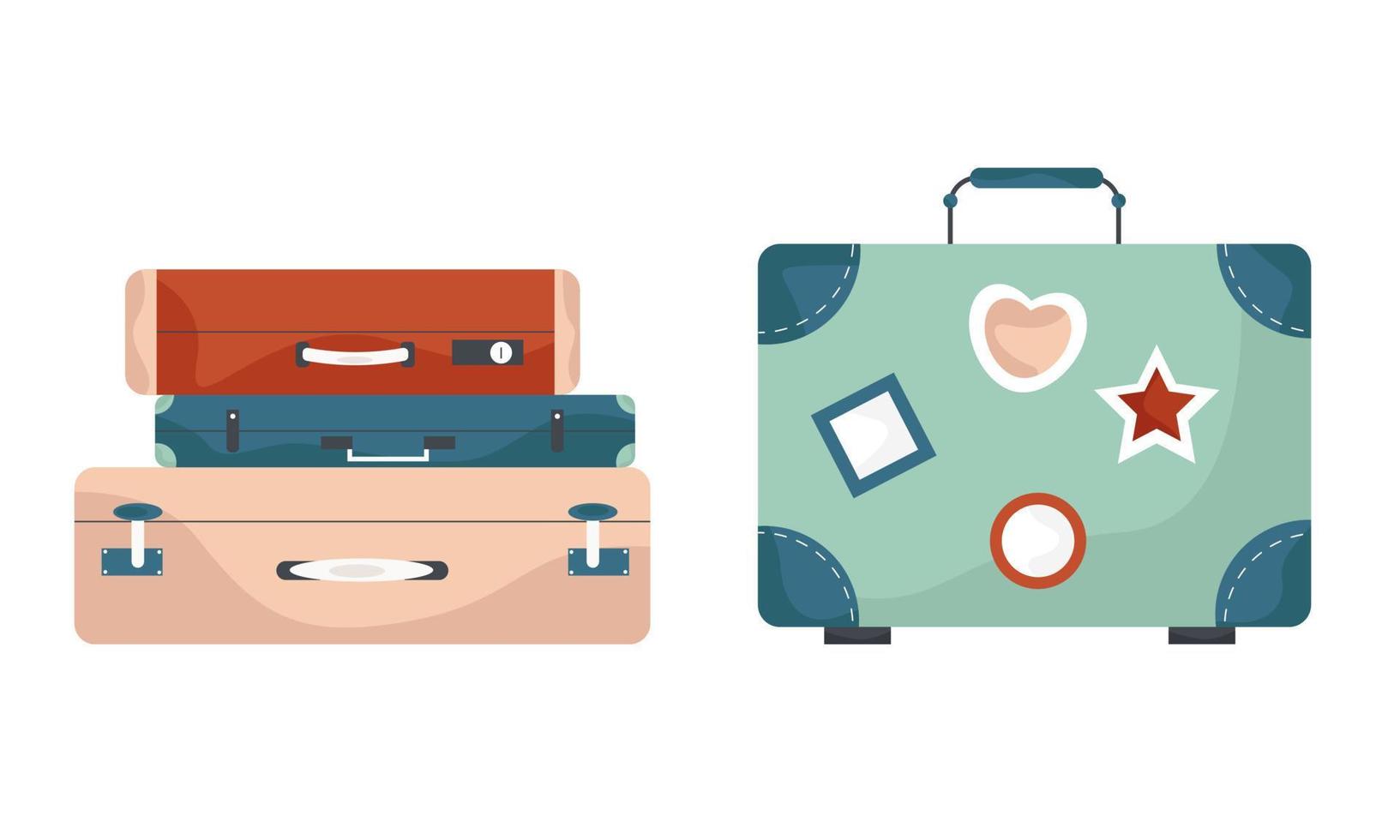 uppsättning av stackar av bagage och resväska för reser i ljus färger. vektor illustration.