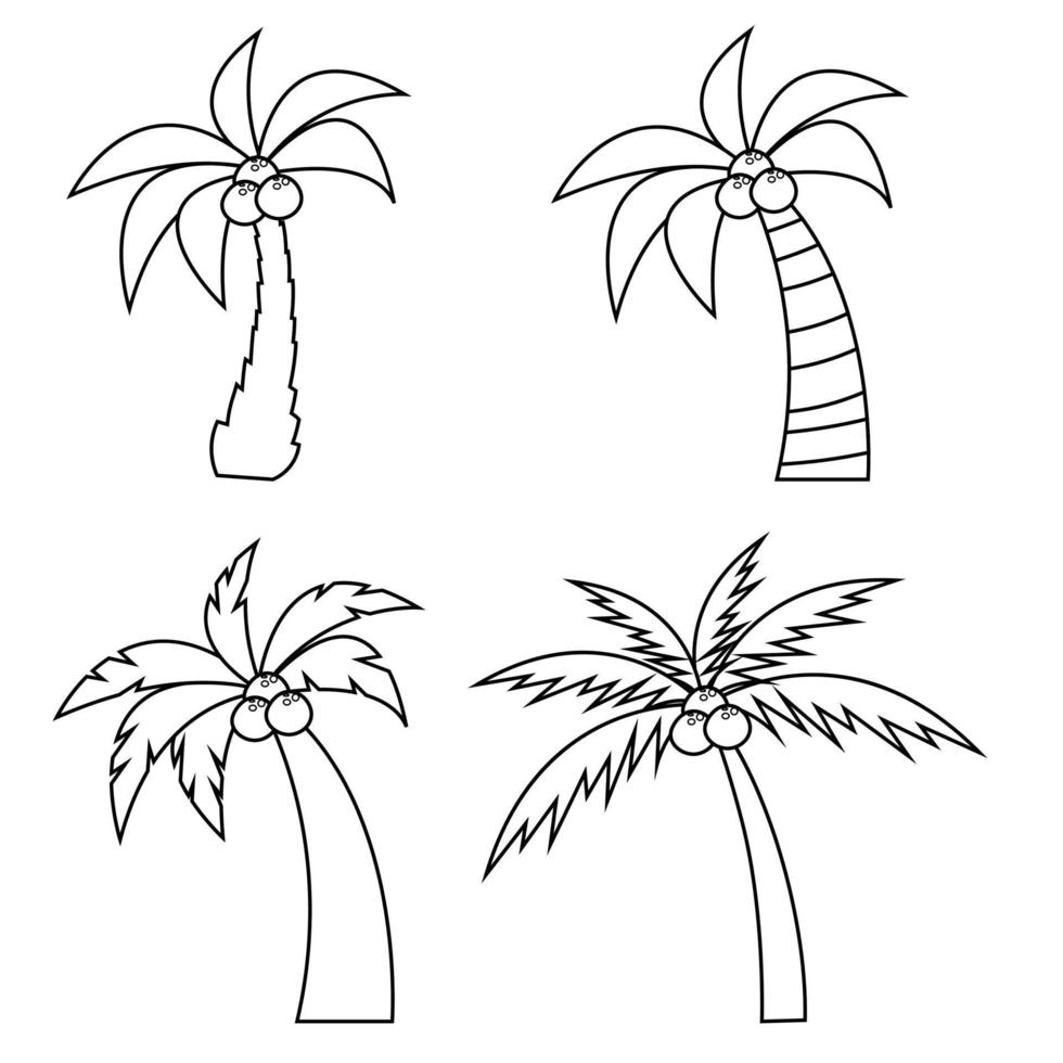 satz verschiedener palmen mit kokosnüssen in einem linienstil. isoliert auf weißem Hintergrund. Vektor-Illustration. vektor