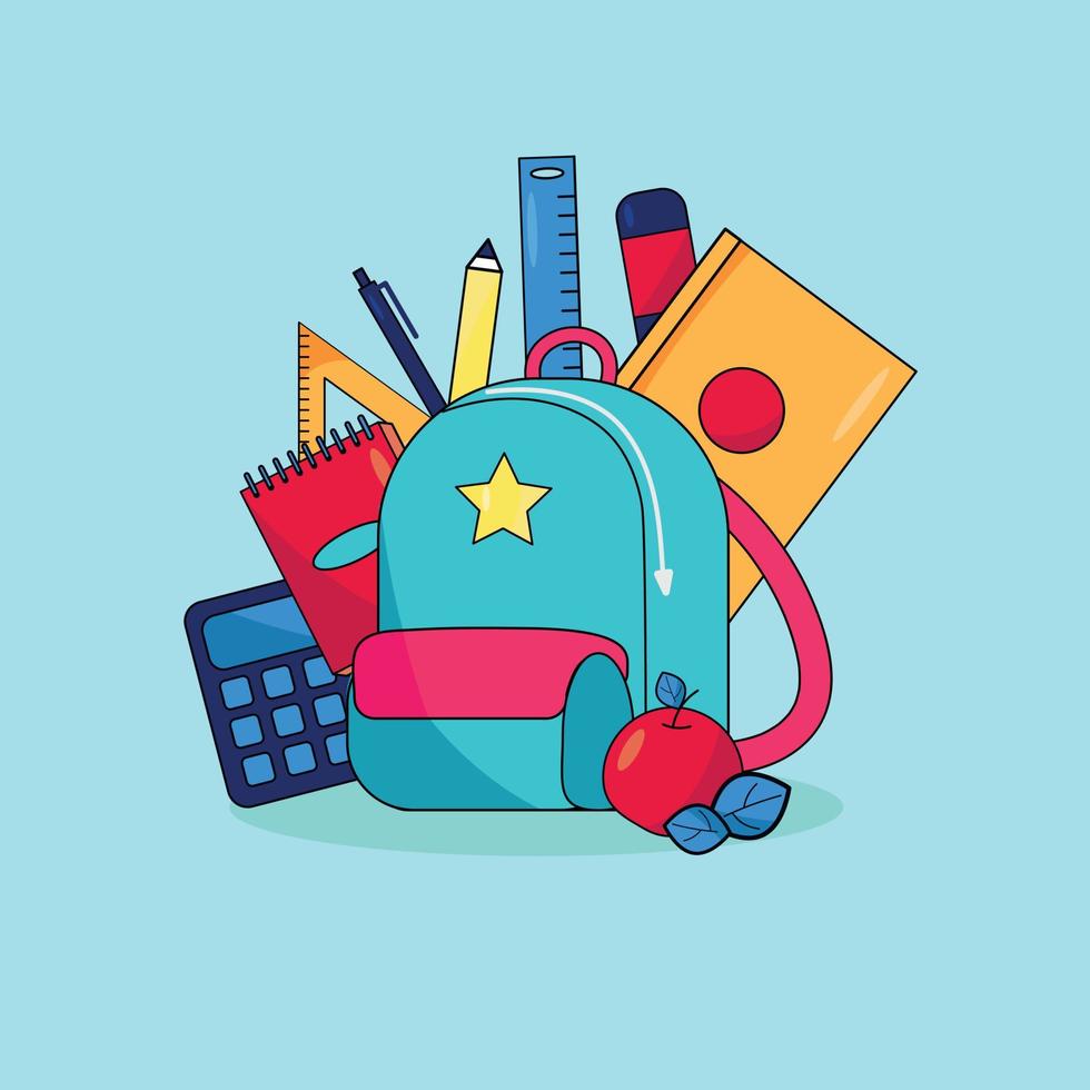 tillbaka till skola. ryggsäck, portfölj med skola föremål. höst. kalkylator, anteckningsbok, äpple, penna, linjal. vektor