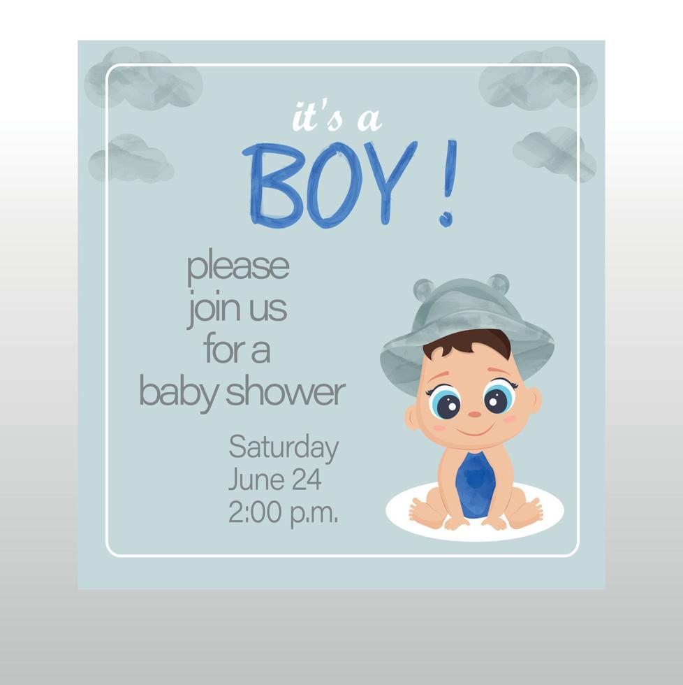 Einladungen zur Babyparty. Design-Elemente für Babyparty-Aquarellmädchen. Einladungs- und Duschkarte für neugeborene Jungen. es ist ein Junge. Babypartyeinladungen im Blau vektor
