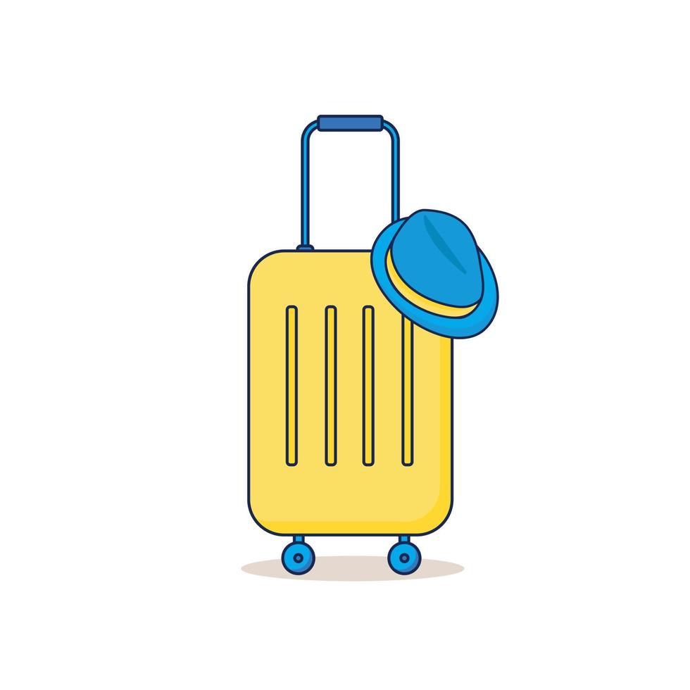 Gelber Koffer mit Hut. Reisegepäck. isoliert auf weißem Hintergrund. Vektor-Illustration. vektor