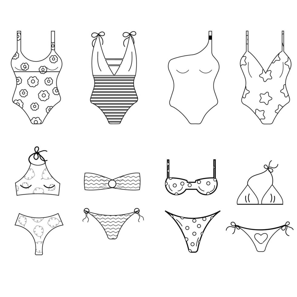 uppsättning av kvinnors annorlunda badkläder, isolerat på de bakgrund i de stil linje. baddräkt eller bikini vektor