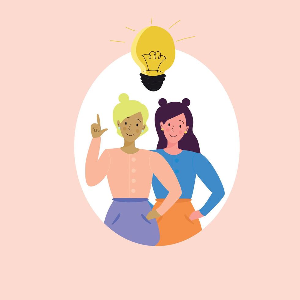 Zwei Mädchen, eine blonde, brünette Frau hatten eine Idee. die Glühbirne. Brainstorming. Geschäft. vektor
