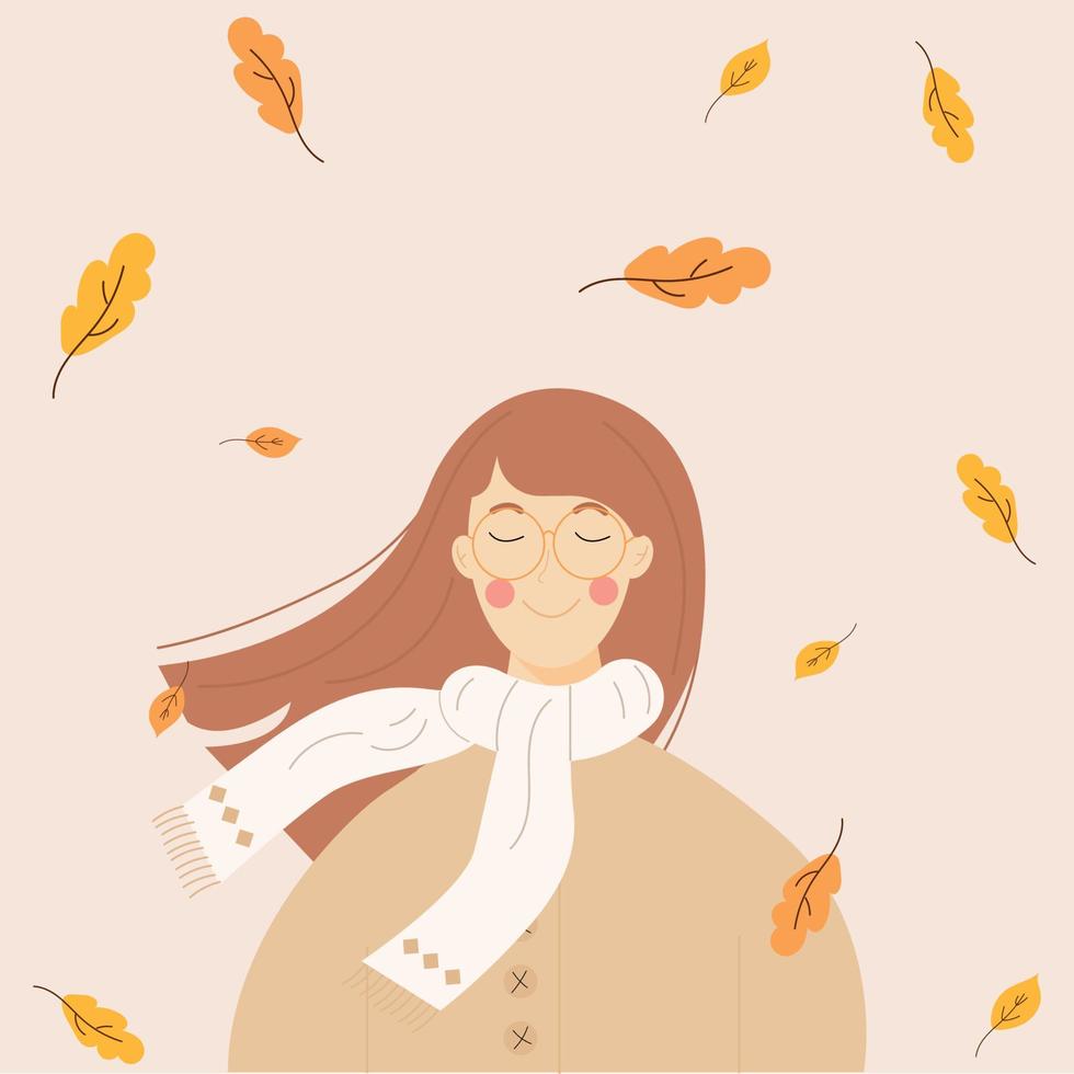 en brunhårig höst flicka med faller löv i en beige jacka och vit scarf. vektor