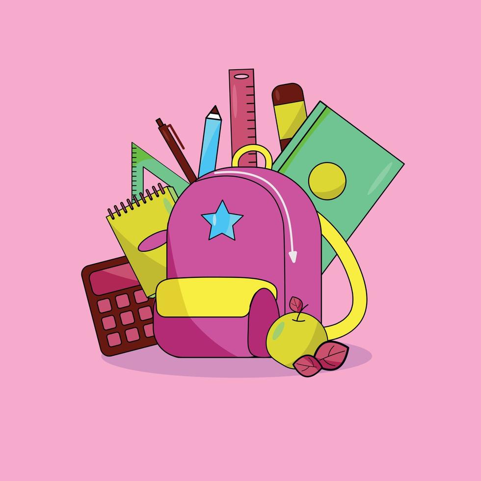 ryggsäck, portfölj rosa, gul med skola förnödenheter. höst. tillbaka till skola. kalkylator, anteckningsbok, äpple. vektor