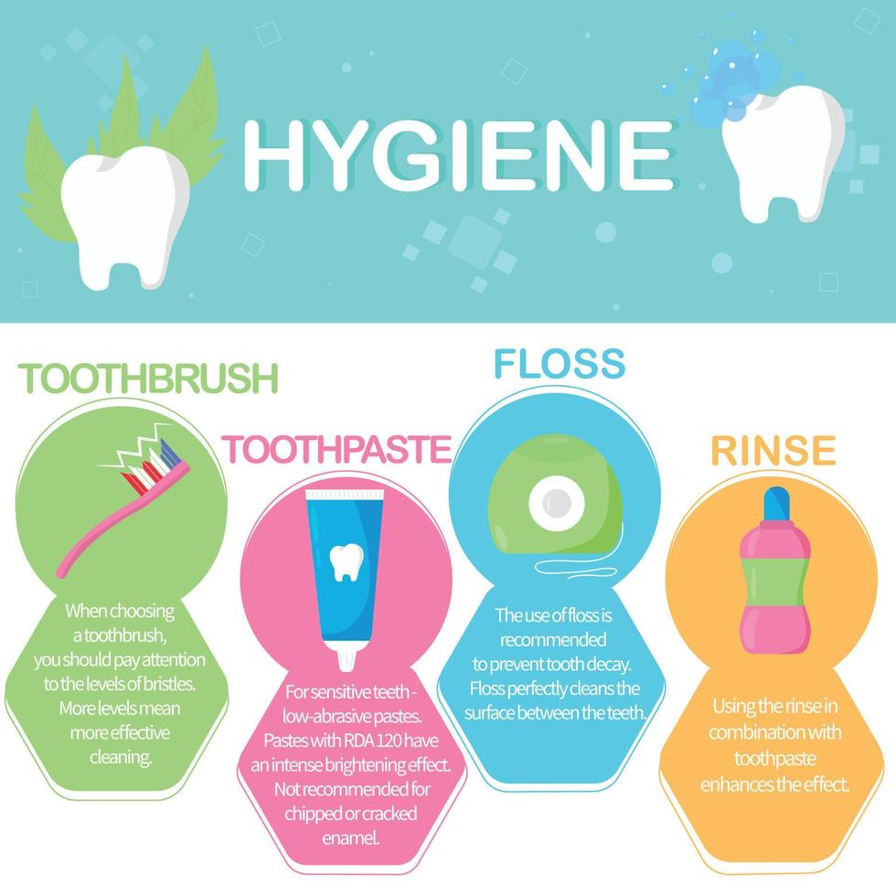 Zahnarzt Infografik. wie man seine zähne putzt. Zähne. Zahnhygiene. Zahnpasta, Zahnbürste, Zahnseide und Spülung. Zahnarzt. vektor