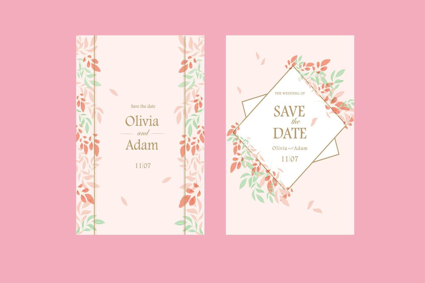 bröllop inbjudan med löv i ljus rosa vektor
